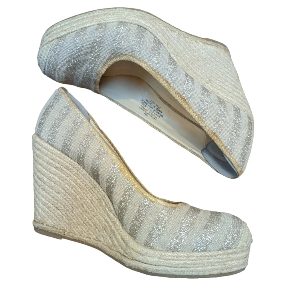 NINE West Cream & Metallic Striped Rope Platform Wedge Slip On Espadrilles (10)